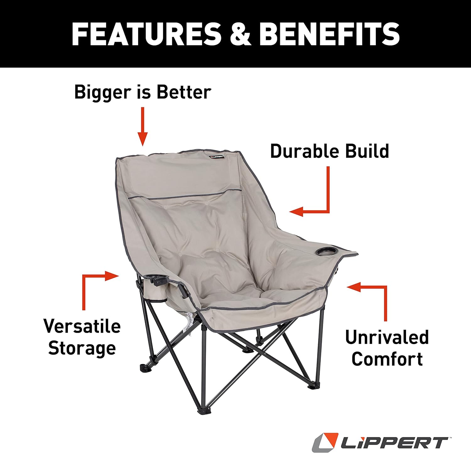 Lippert Big Bear Padded Camping Chair with 400-lb. Weight Capacity, Carry Bag, Durable Mesh Fabrics, High-Loft Cushioning, Dual Cupholders, Stemmed Wine Glass Holder (Sand) - 2021010667