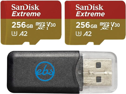 SanDisk Extreme (UHS-1 U3 / V30) A2 256GB (2 Pack) MicroSD Memory Card for GoPro Hero 10 Black Action Cam Hero10 SDXC (SDSQXA1-256G-GN6MN) Bundle with 1 Everything But Stromboli Micro SD Card Reader