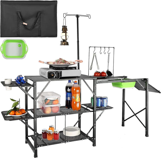 VEVOR Camping Kitchen Table with Sink, Aluminum Folding Portable Outdoor Cook Station, 2 Shelves & Carrying Bag for Picnic BBQ Beach Traveling