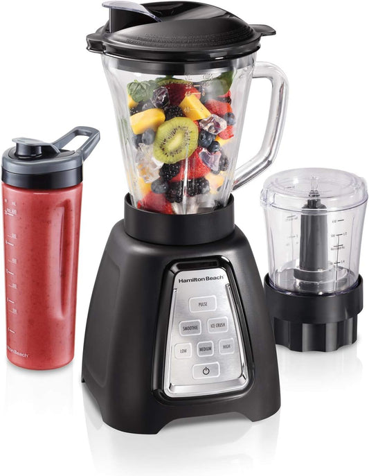 Hamilton Beach Blender and Food Processor Combo With Auto Programs For Smoothie and Ice Crush, Blend-In Portable Travel Cup, 52oz Glass Jar & 3 Cup Food Chopper, 950 Watts, Black (58242)