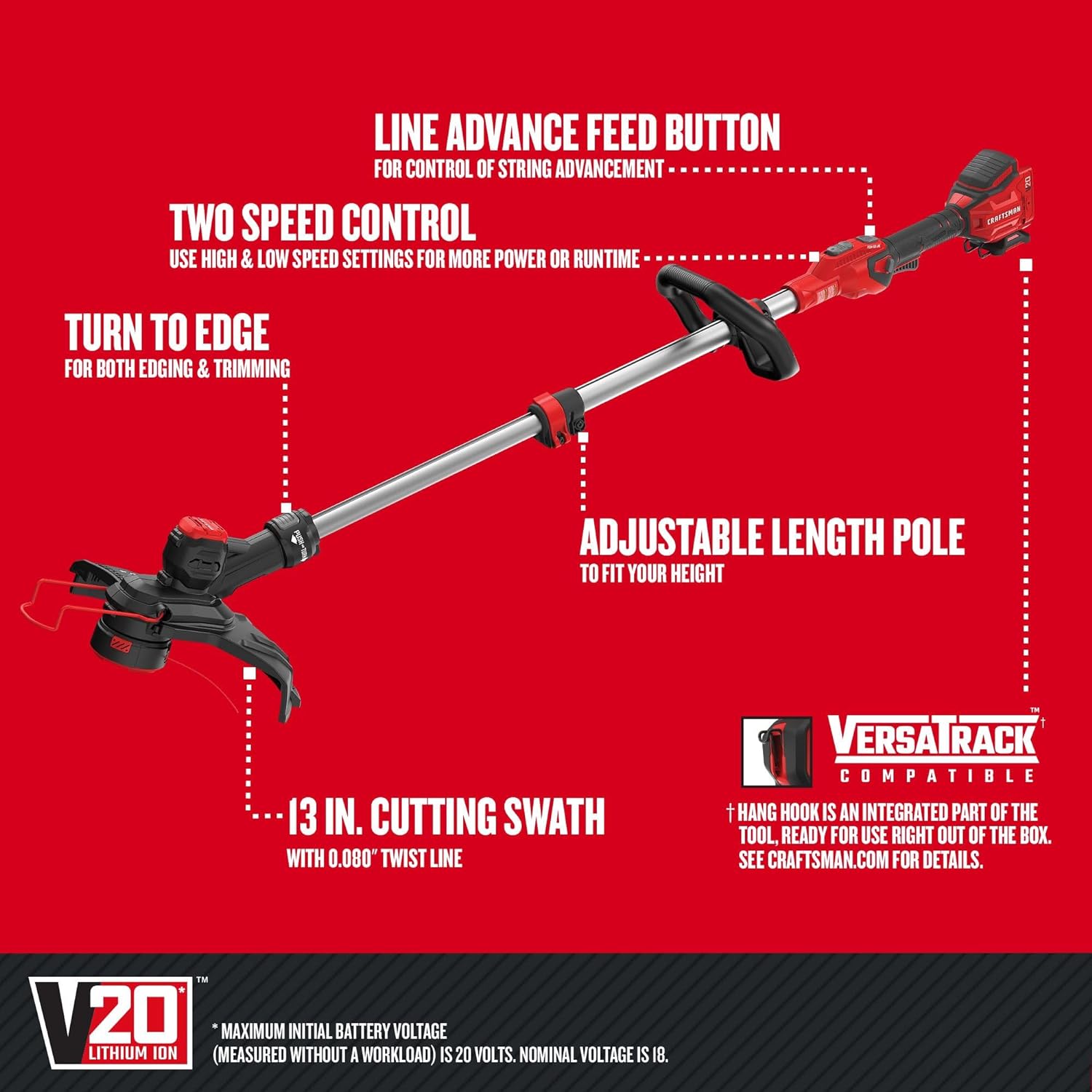 CRAFTSMAN 20V Cordless String Trimmer and Lawn Edger, Tool Only (CMCST910B)