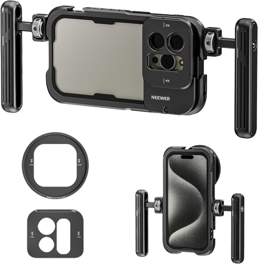 NEEWER 15 Pro Phone Cage Video Rig with Dual Handles Compatible with iPhone 15 Pro, Metal 67mm Filter Adapter, 17mm Lens Backplane, Phone Rig Smartphone Stabilizer for Video Recording, PA023K