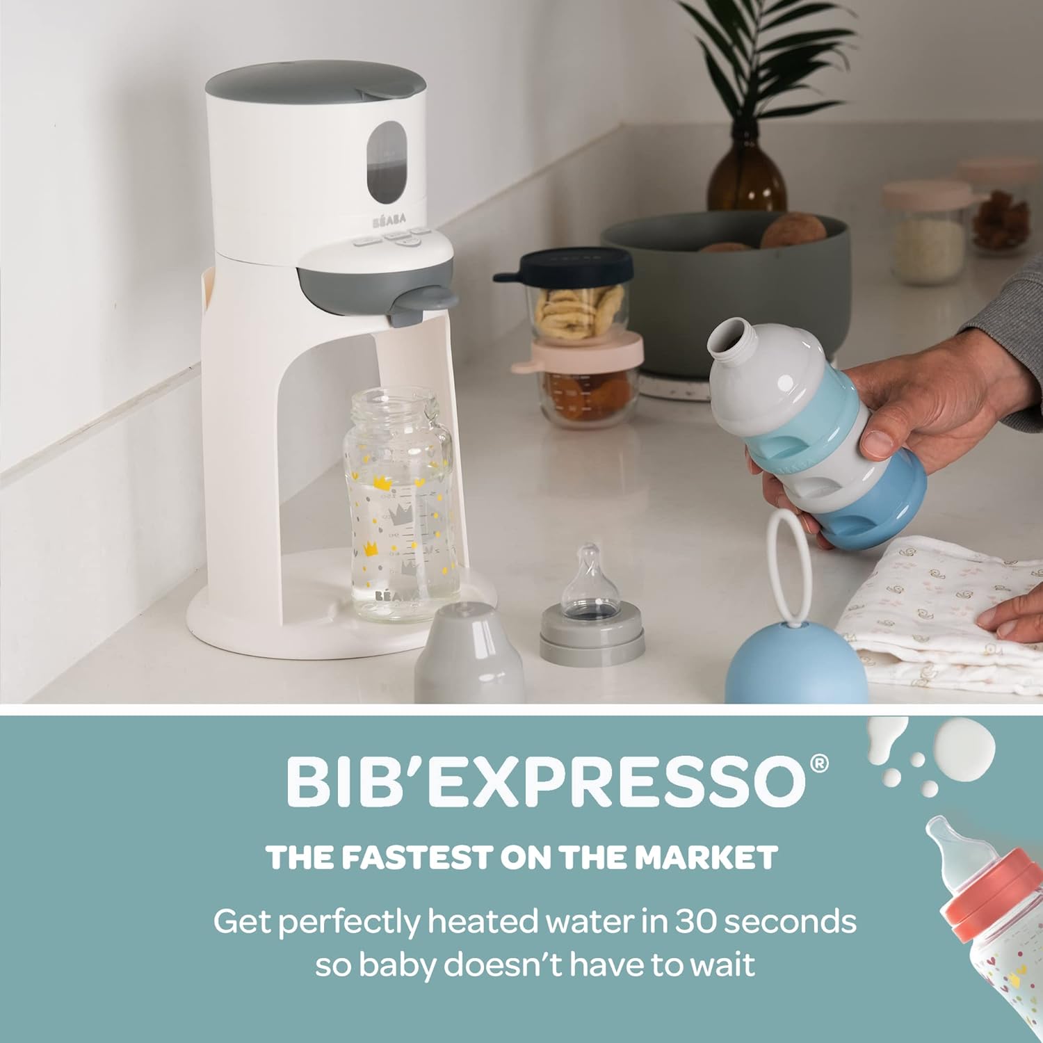 BEABA Bib'Expresso Fast Water Warmer, Preps Bottle for Formula in 30 Secs, Quick Warmer Water Dispenser for Baby Bottle, Baby Bottle and Baby Food Warmer, Formula Milk Warmer, Baby Bottle Warmer, Grey