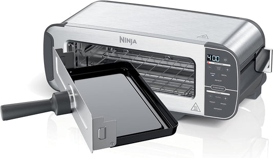 Ninja ST101 Foodi 2-in-1 Flip Toaster, 2-Slice Capacity, Compact Toaster Oven, Snack Maker, Reheat, Defrost, 1500 Watts, Stainless Steel, 6 Functions