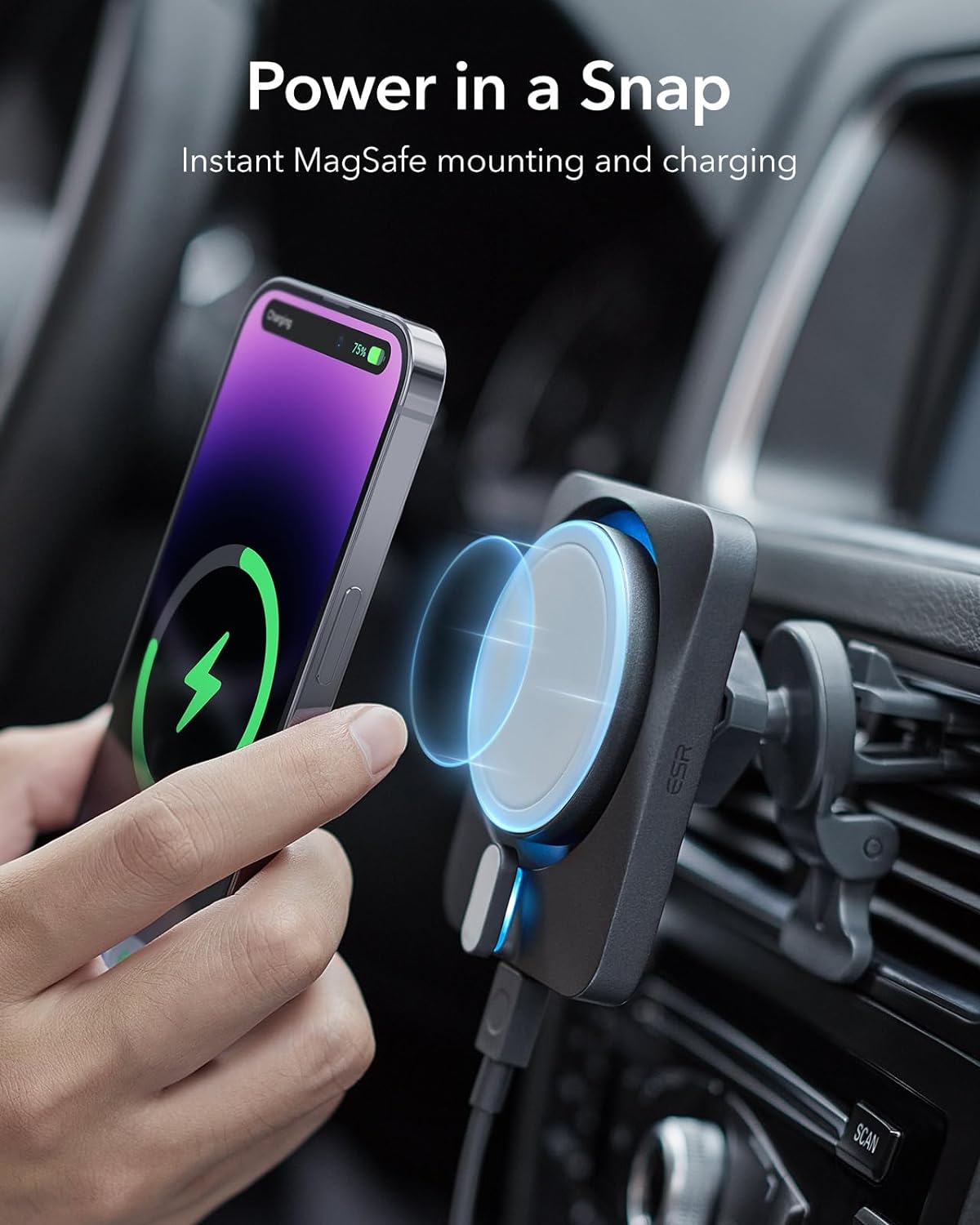 ESR 15W Magnetic Wireless Car Charger Mount with CryoBoost, Compatible with MagSafe Car Charger, Made for Apple-Certified, for iPhone 15\/14\/13\/12, Fast Charging, Phone-Cooling Charger, Cool Grey