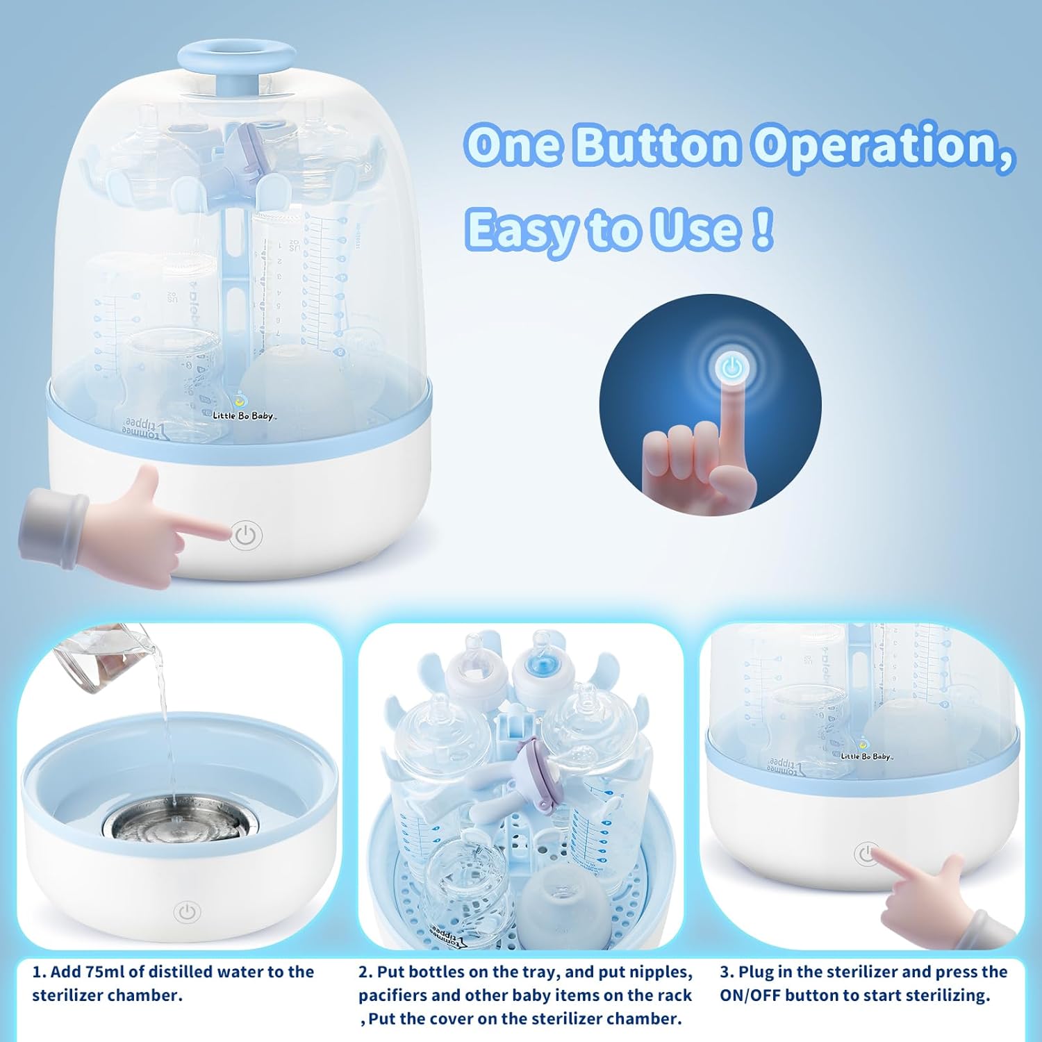 Bottle Sterilizer, Little Bo Baby Bottle Electric Steam Sterilizer, Steam Sterilization for Baby Bottles, Highest Capacity, Any Brand Universal Fit