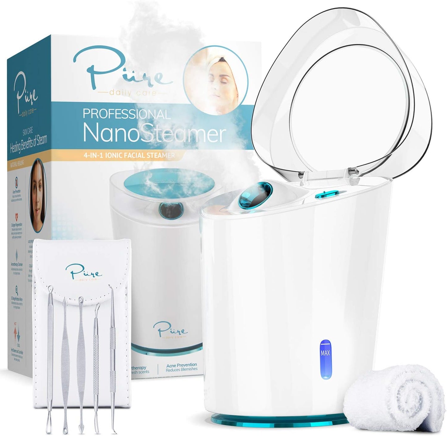 NanoSteamer PRO Professional 4-in-1 Nano Ionic Facial Steamer for Spas - 30 Min Steam Time - Humidifier - Unclogs Pores - Blackheads - Spa Quality - 5 Piece Stainless Steel Skin Kit Included