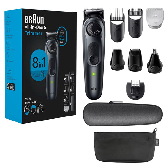 Braun All-in-One Style Kit Series 5 5471, 8-in-1 Trimmer for Men with Beard Trimmer, Body Trimmer for Manscaping, Hair Clippers & More, Ultra-Sharp Blade, 40 Length Settings, Waterproof