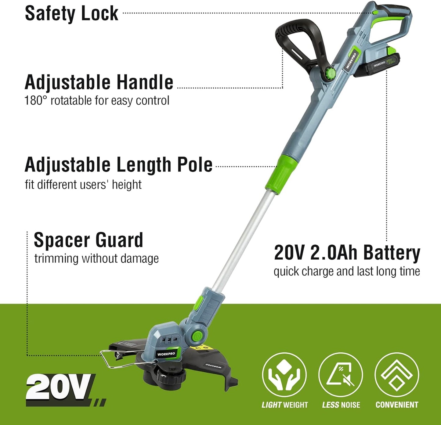 WORKPRO 20V Cordless String Trimmer/Edger, 12-inch, with 2Ah Lithium-Ion Battery, 1 Hour Quick Charger, 16.4ft Trimmer Line Included