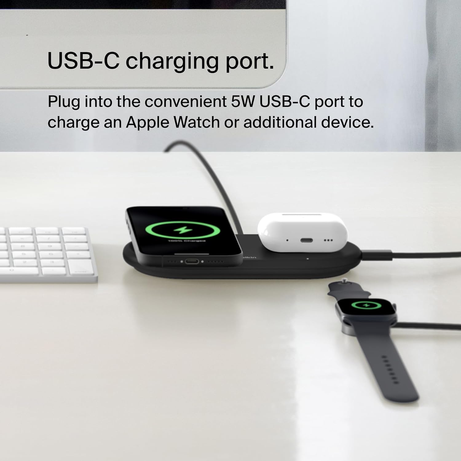 Belkin BoostCharge Pro 2-in-1 MagSafe-Compatible Wireless Charging Pad w\/ Qi2 15W + Additional USB-C Port, Fast Charger for iPhone 15, iPhone 14, & iPhone 13 Series, AirPods, and More - Black