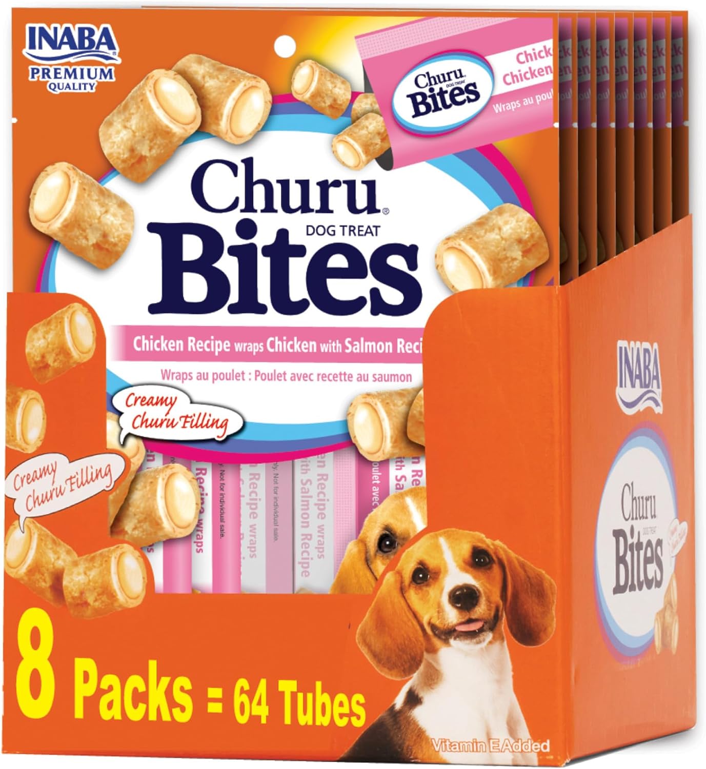 INABA Churu Bites for Dogs, Soft & Chewy Baked Chicken Wrapped Filled Dog Treats with Vitamin E, 0.42 Ounces Each Tube, 64 Tubes (8 per Pack), Chicken with Salmon Recipe