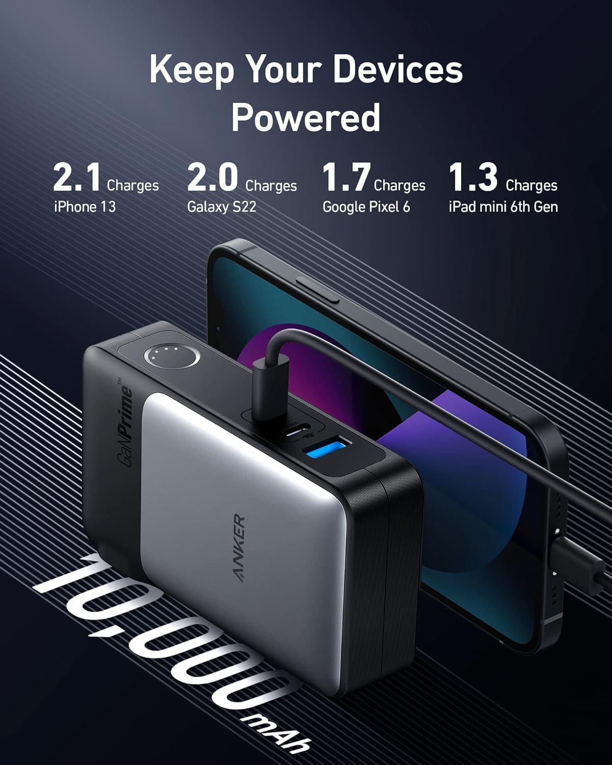 Anker GaNPrime Power Bank, 2-in-1 Hybrid Charger, 10,000mAh 30W USB-C Portable Charger with 65W Wall Charger, Works for iPhone 15\/15 Plus\/15 Pro\/15 Pro Max\/14\/13, Samsung, Pixel, MacBook, Dell
