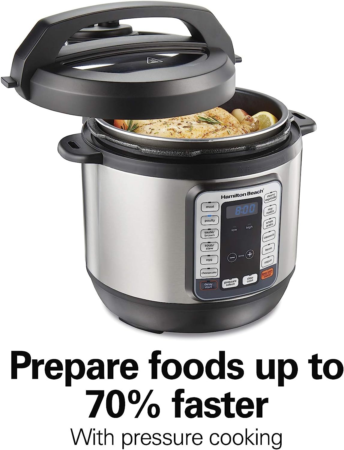 Hamilton Beach 12-in-1 Electric Pressure Cooker with True Slow Cook Technology, Sautés, Browns, Steams, Rice Function, Egg and More, 8 Quart Capacity, Stainless Steel (34508)