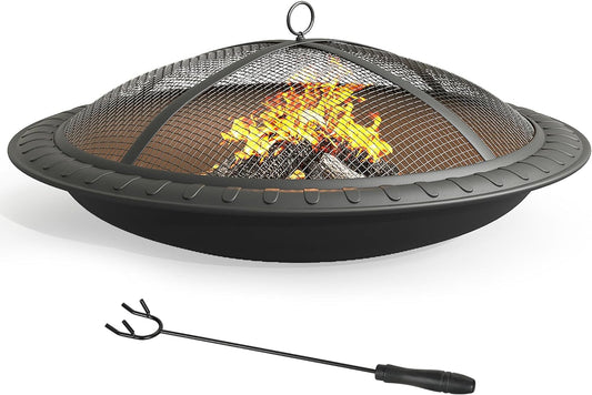 YITAHOME 25.6in Steel Replacement Fire Bowl with Round Spark Screen, Poker and Detachable Grate, Wood-Burning Fire Pit Bowl for DIY or Existing Outdoor Patio Fire Pit