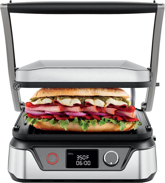 Chefman 5-in-1 Digital Panini Press Grill Sandwich Maker and Griddle Grill Combo with Removable, Reversible Dishwasher-Safe Grilling Plates, Opens 180° for Indoor BBQ /Flat Top Grill, Stainless steel