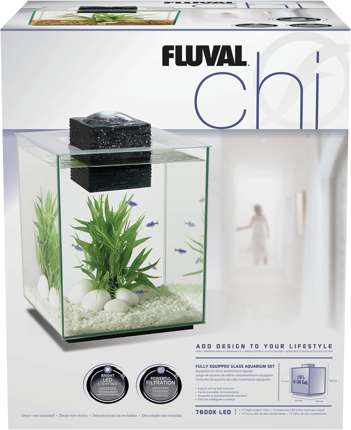 Fluval Chi II Series Aquarium Set, 5-Gallon - Aquarium Tank with Ambient LED Lighting, Flowing Water, and Elegant Design, White