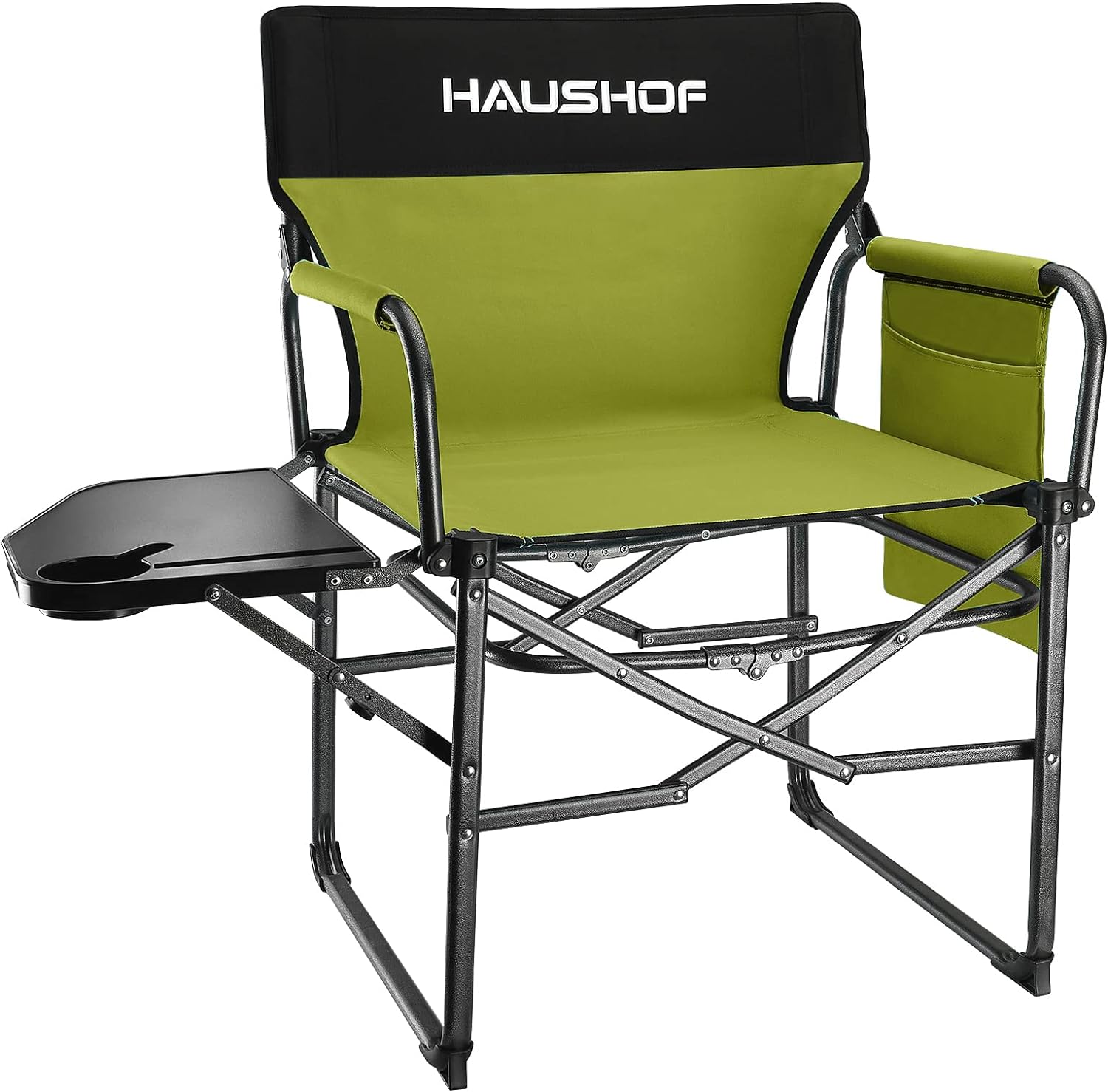 HAUSHOF Camping Chair with Side Table and Storage Pockets, Portable Folding Directors Chair, Heavy Duty Camp Chair for Adults Outdoor Fishing Beach, Green