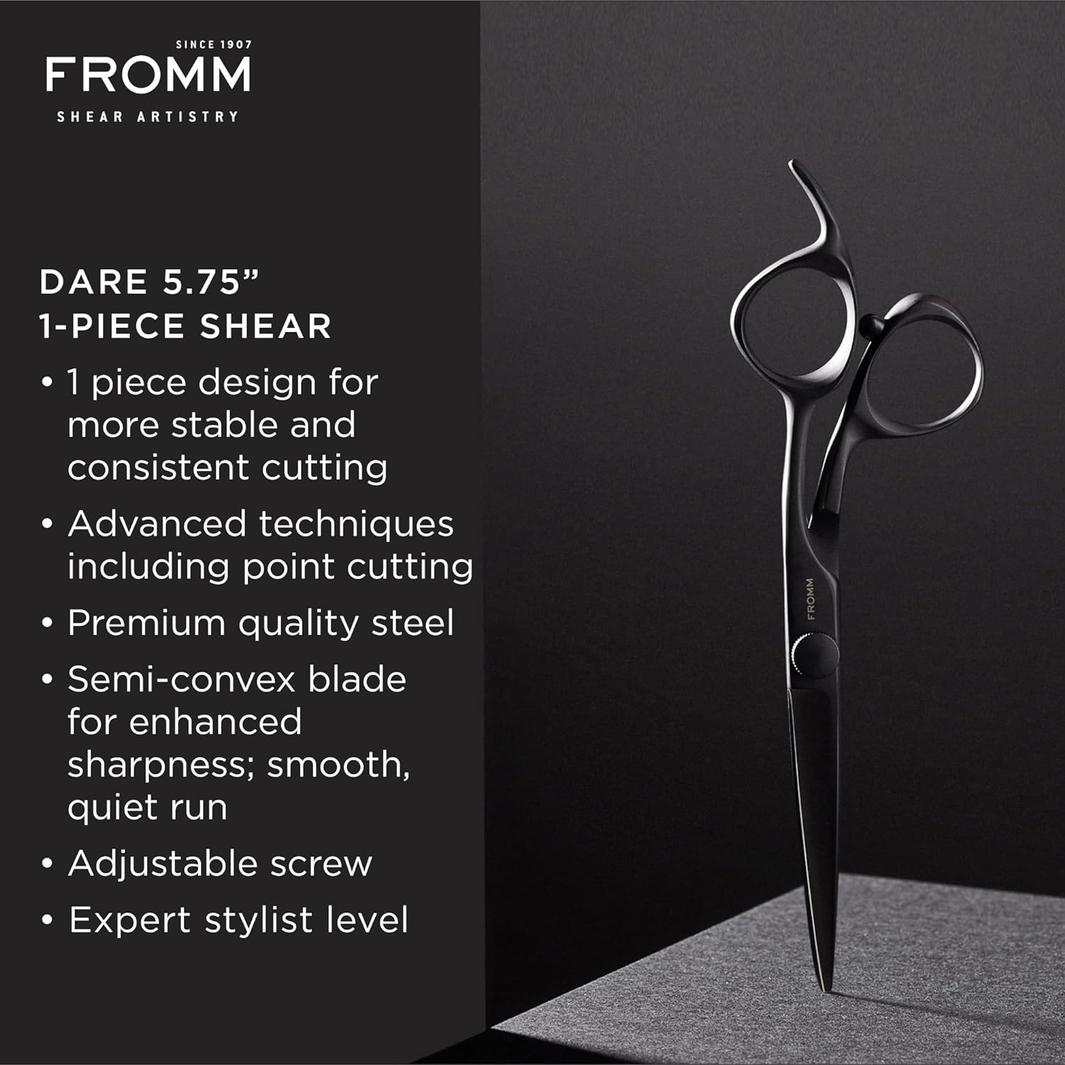 Fromm Professional Dare 5.75" 1-Piece Precision Slide & Point Hair Cutting Shears in Matte Black Japanese Steel Scissors with Semi-Convex Blade for Expert Salon Stylists