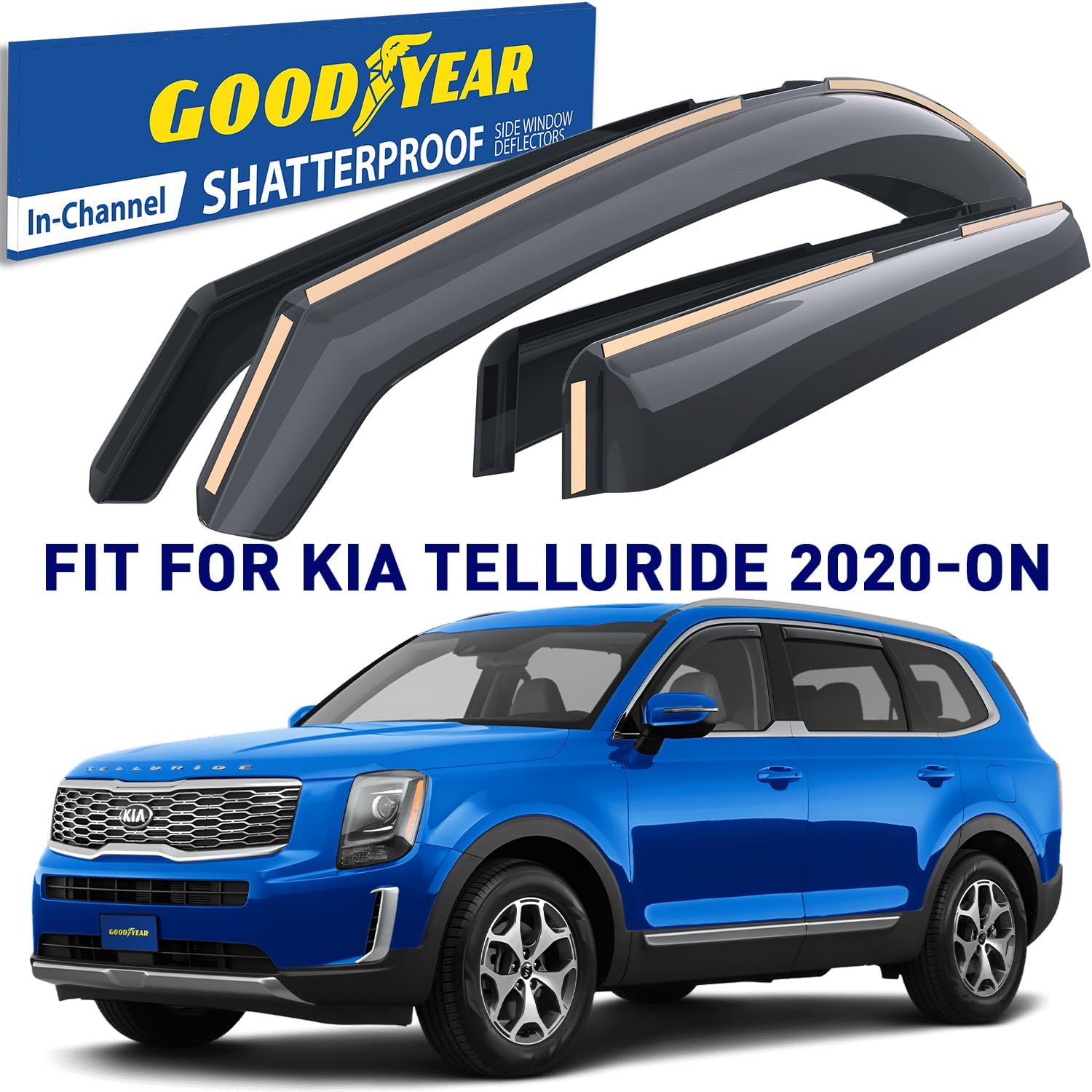 Goodyear Shatterproof in-Channel Window Deflectors for Kia Telluride 2020-2024, Rain Guards, Window Visors for Cars, Vent Deflector, Car Accessories, 4 pcs - GY007917