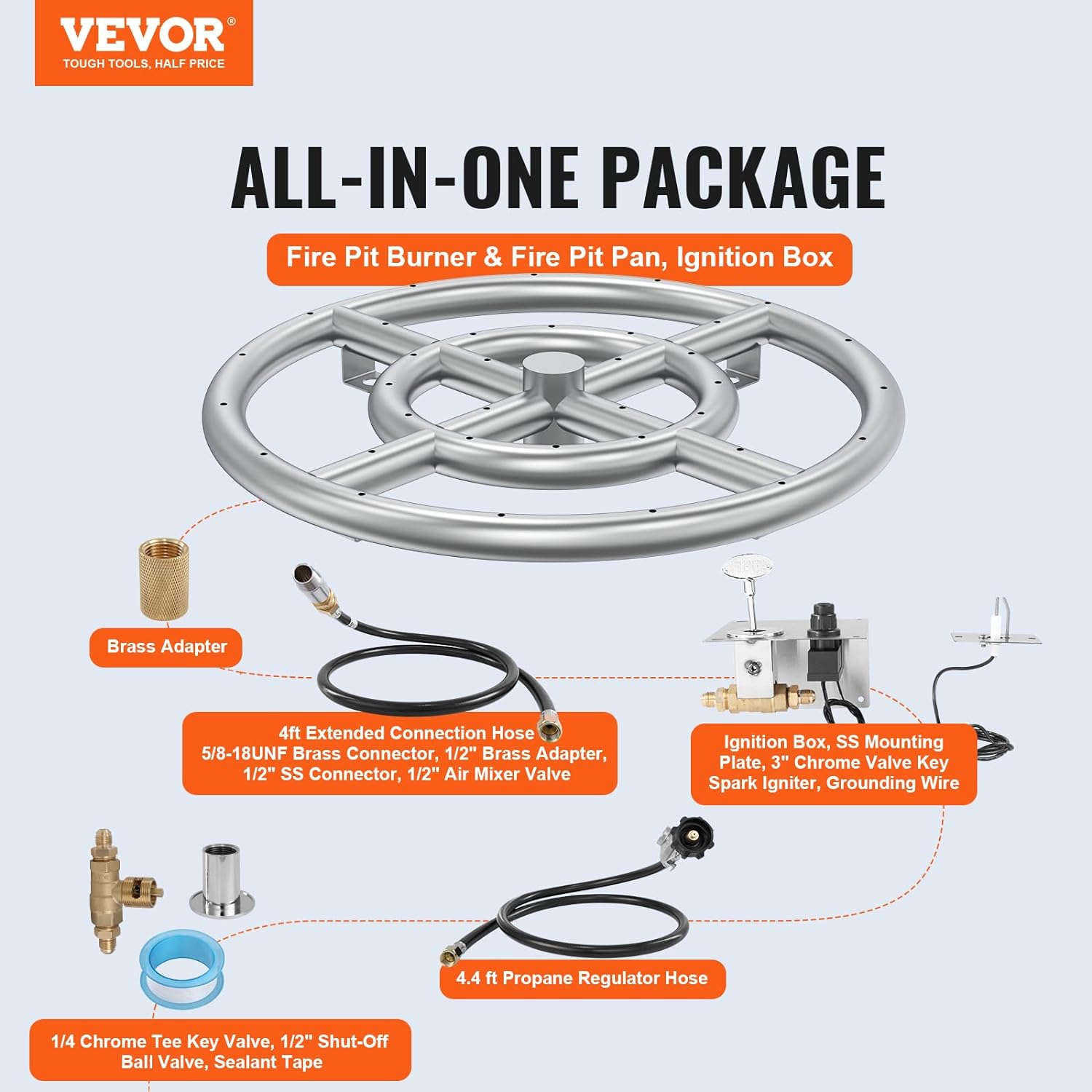 VEVOR 12 inch Round Drop-in Fire Pit Pan, Stainless Steel Fire Pit Burner Kit, Propane Gas Fire Pan with 92,000 BTU for Indoor or Outdoor Use