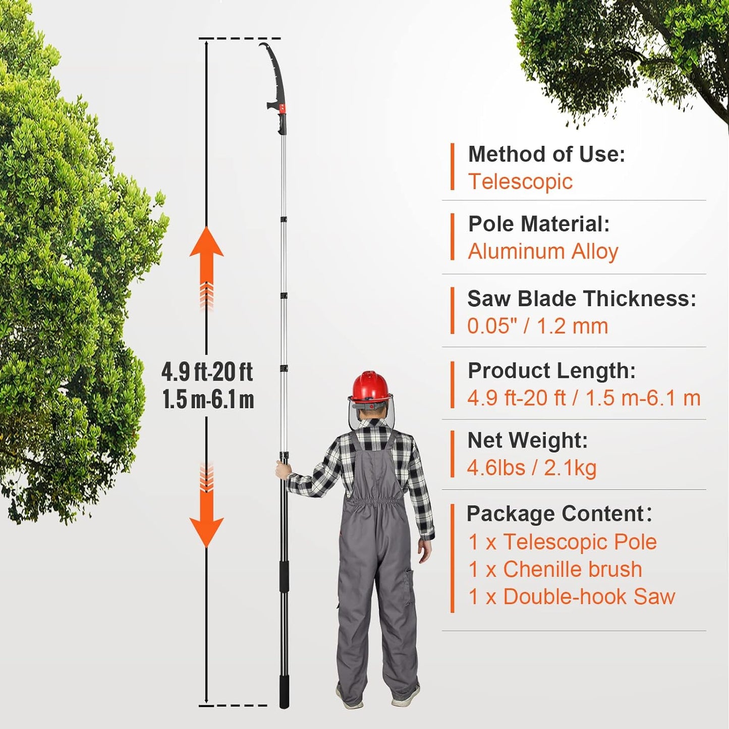 VEVOR Manual Pole Saw, 4.9-20 ft Extendable Tree Pruner, Sharp Steel Blade for High Branches Trimming, with Lightweight Aluminum Alloy Handle and a Chenille Brush, for Pruning Palms and Shrubs