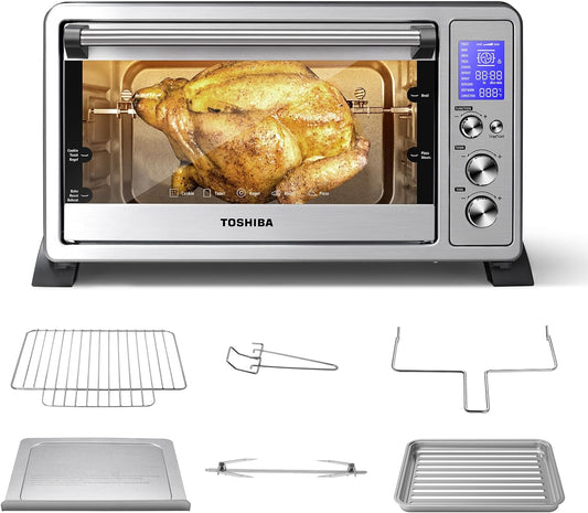TOSHIBA AC25CEW-SS Large 6-Slice Convection Toaster Oven Countertop, 10-In-One with Toast, Pizza and Rotisserie, 1500W, Stainless Steel, Includes 6 Accessories