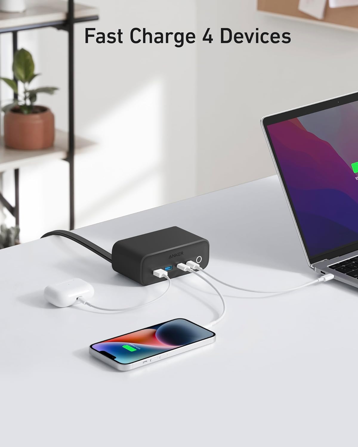Anker 525 Charging Station, 7-in-1 USB C Power Strip for iPhone 15\/14, 5 ft Thin Cord and Flat Plug, 3 AC, 2 USB A, 2 USB C,65W Power Delivery Desktop Accessory for MacBook Pro,Office (Phantom Black)