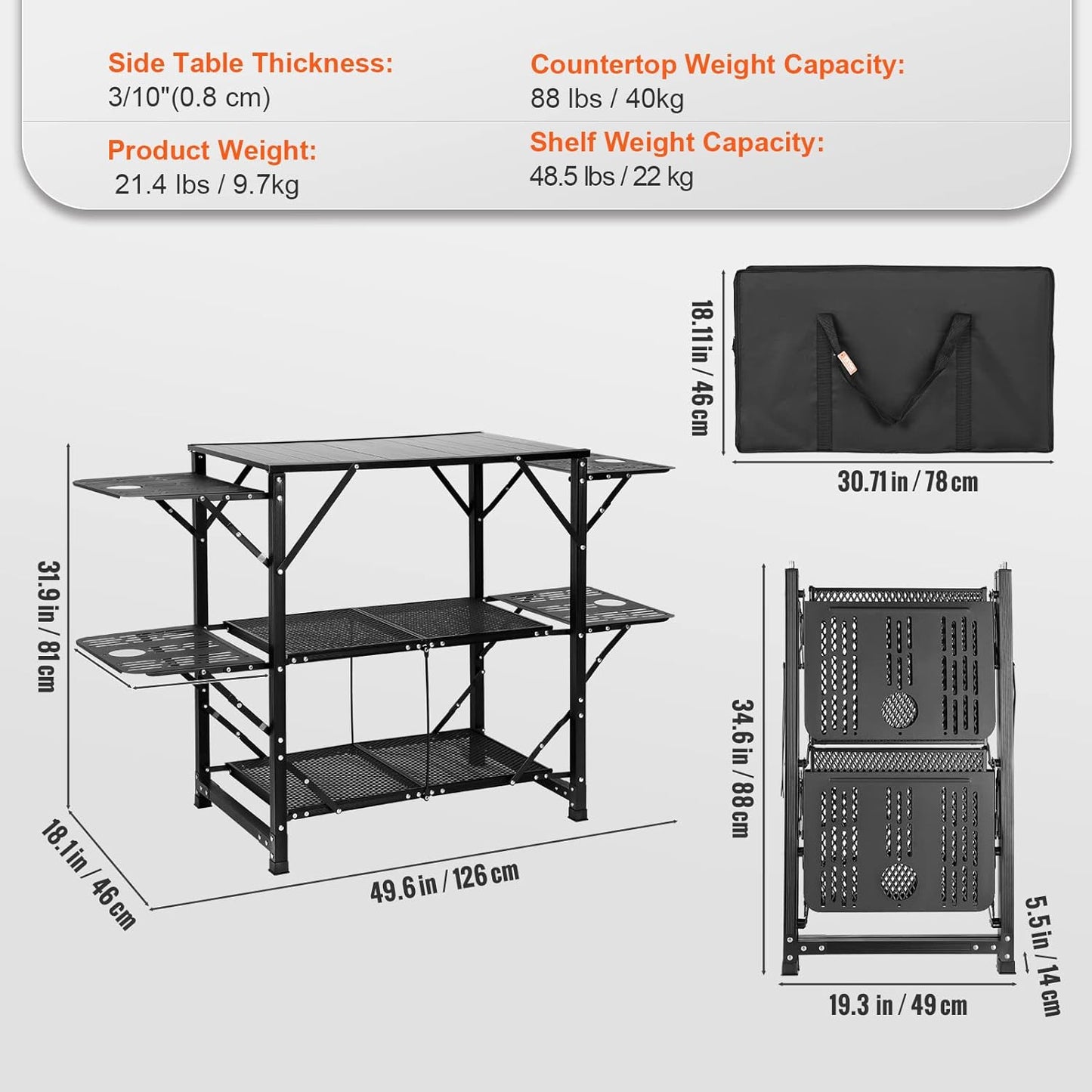 VEVOR Camping Kitchen Table, Aluminum Folding Portable Outdoor Cook Station with 4 Iron Side, 2 Shelves & Carrying Bag, Quick Installation for Picnic BBQ Beach Traveling