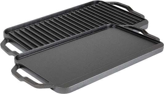 Lodge Chef Collection Cast Iron Reversible Grill/Griddle - Flat Cast Iron Griddle & Grill for Stovetop, Oven, Grill, or Open Fire - Double Burner Cast Iron Skillet with Handles