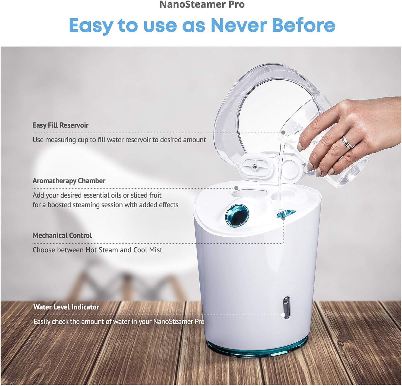 NanoSteamer PRO Professional 4-in-1 Nano Ionic Facial Steamer for Spas - 30 Min Steam Time - Humidifier - Unclogs Pores - Blackheads - Spa Quality - 5 Piece Stainless Steel Skin Kit Included