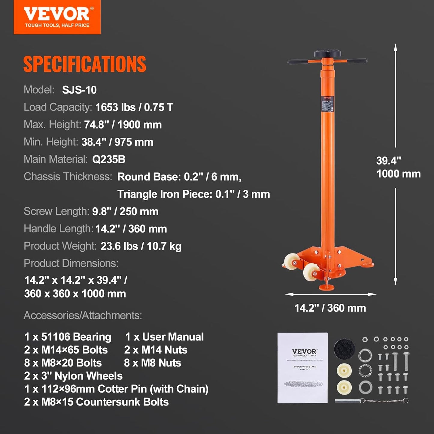 VEVOR SJS-10 Underhoist, Lifting from 38.4" to 74.8" 3\/4 Ton Capacity Under Hoist Jack Stand, Bearing Mounted Spin Handle, Two Wheels, Self-Locking Threaded Screw, Support Vehicle Components, Orange