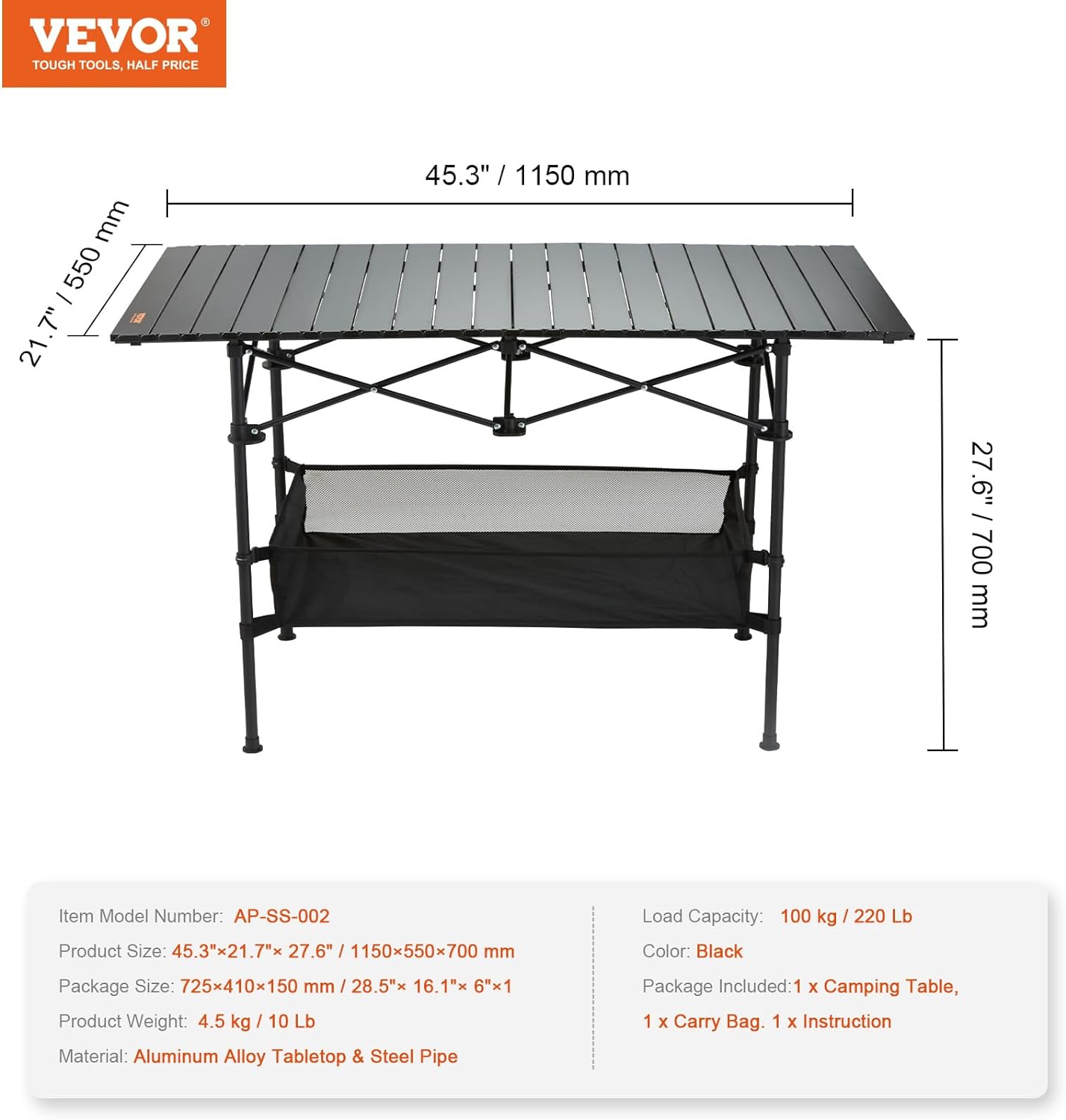 VEVOR Folding Camping Table, Aluminum Ultra Compact Outdoor Portable Fold Up Lightweight Table with Large Storage and Carry Bag, for Beach, Picnic, Travel, Backyard, BBQ, Patio, 45'' x 22'', Black