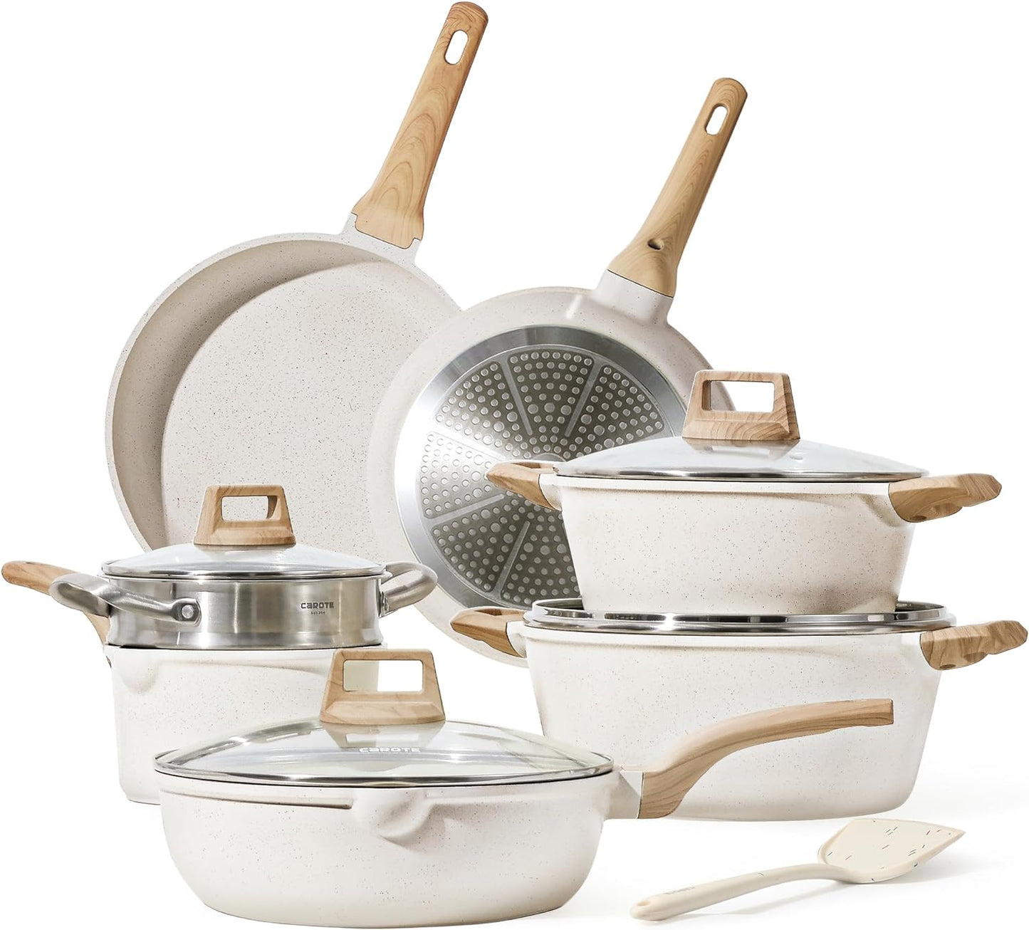 CAROTE Pots and Pans Set Nonstick, White Granite Induction Kitchen Cookware Set, 10 Pcs Non Stick Cooking Set w\/Frying Pans & Saucepans(PFOS, PFOA Free)