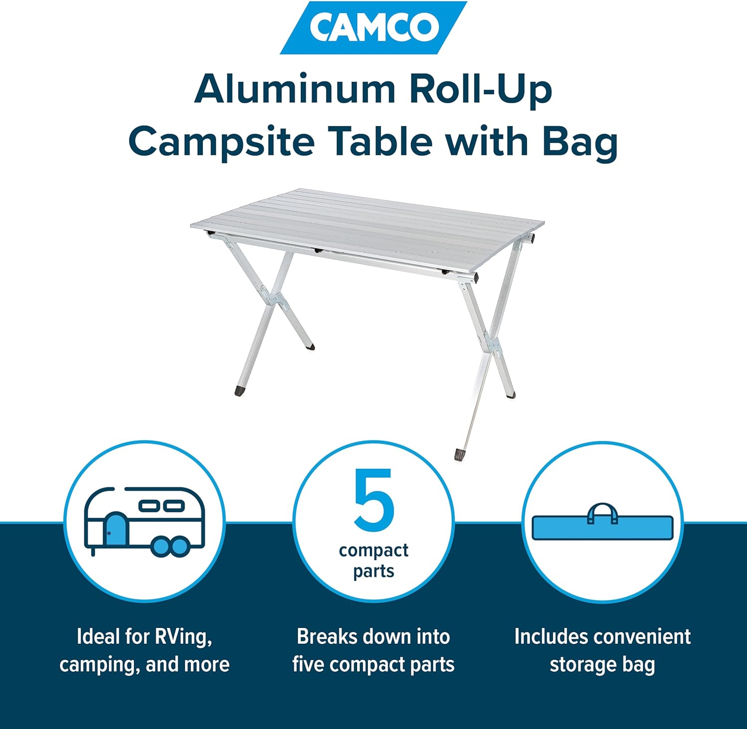 Camco Aluminum Roll-Up Campsite Table with Carrying Bag - Ideal for Tailgating, Camping, The Beach, Parties and More - Lightweight Design and Rust Resistant (51896)