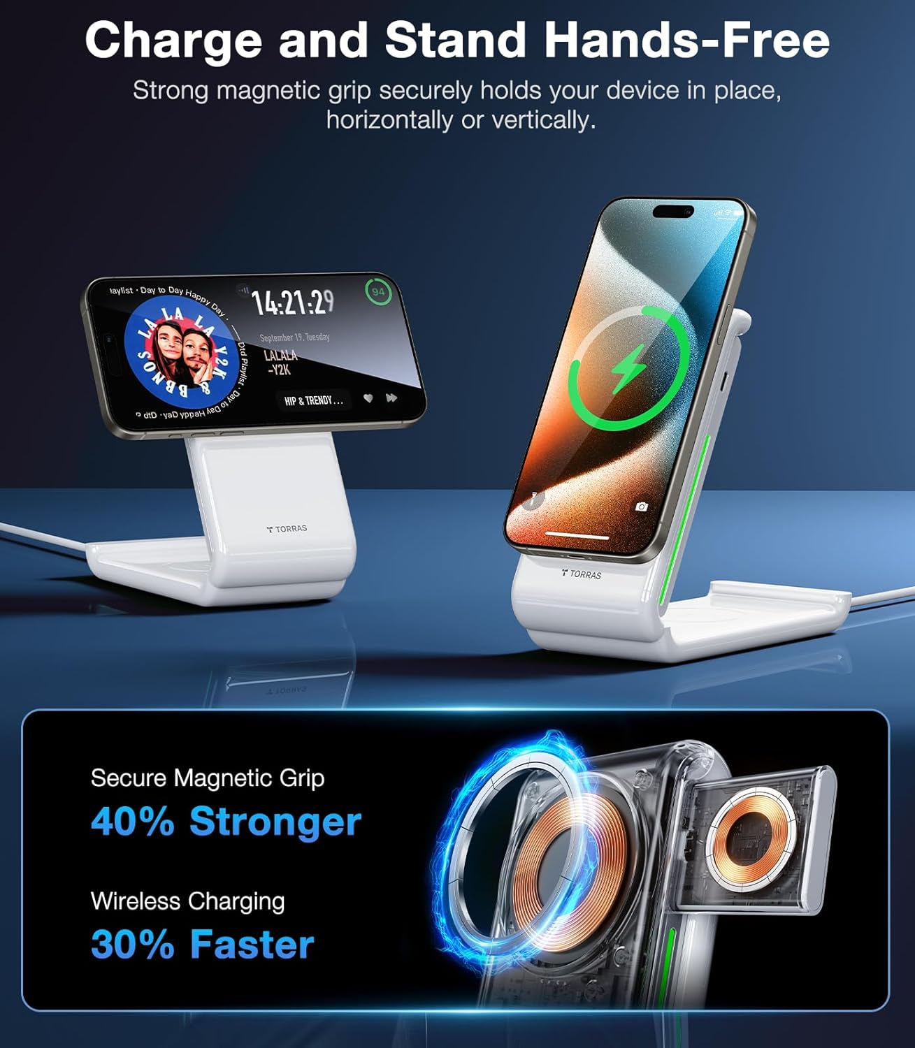 TORRAS 3 in 1 Charging Station with MagSafe Charger Stand, Cooling 15W Max Fast Charging, Foldable Wireless Charger for iPhone 15/14/13/12, Apple Watch S1-8/Ultra, AirPods(30W USB-C Charger Included)