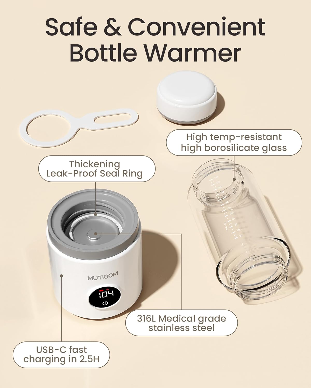 MUTIGOM Portable Bottle Warmer, Fast Baby Bottle Warmer Milk Warmer with 11OZ Bottle, Rechargeable Travel Bottle Warmer for Most Bottles, Water Warmer for Baby Formula Breastmilk
