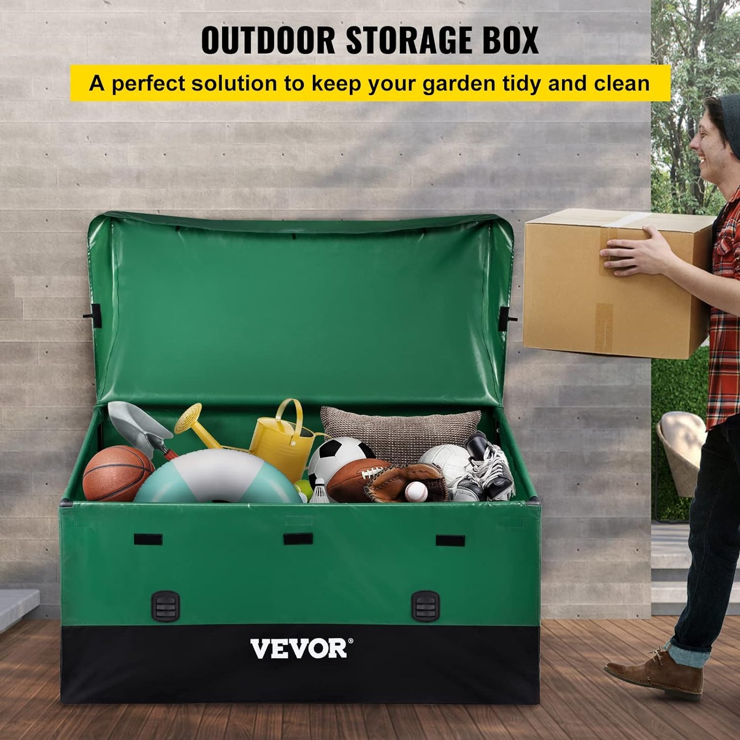 VEVOR Outdoor Storage Box, 150 Gallon Waterproof PE Tarpaulin Deck Box w\/Galvanized Frame, All-Weather Protection & Portable, for Camping, Garden, Poolside, and Yard, Black & Green