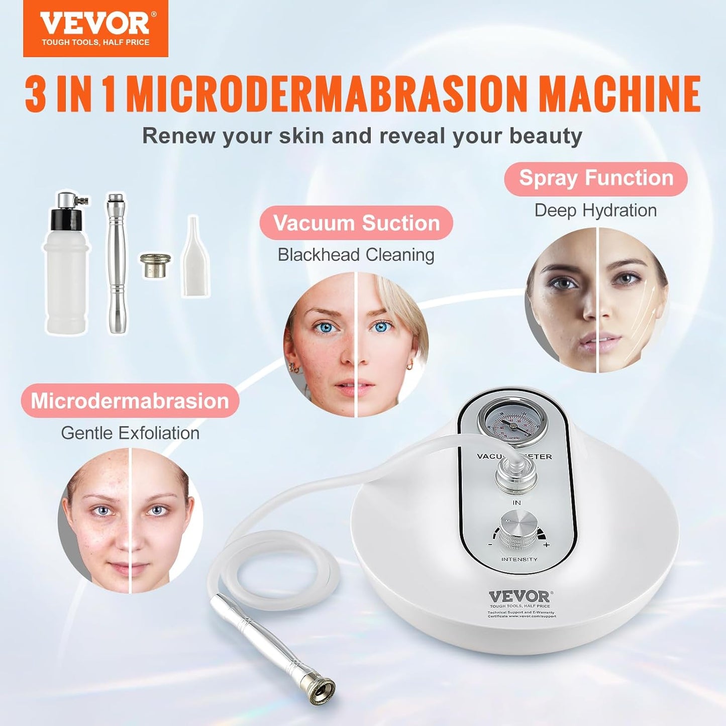 VEVOR Diamond Microdermabrasion Machine 3 in 1 Professional Dermabrasion Machine with 70cmHg Maximum Suction, 9 Diamond Tips, 2 Spray Bottles, 3 Vacuum Tubes for Home Use