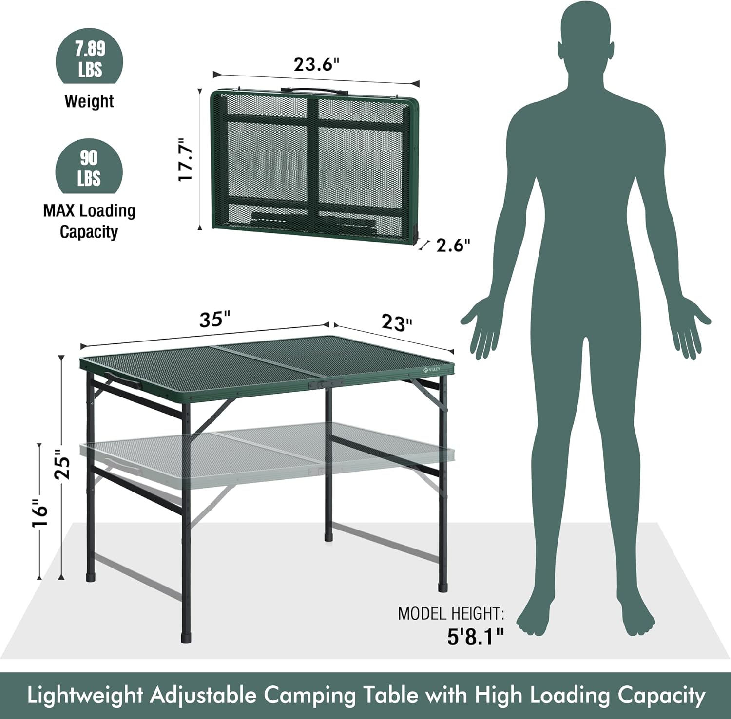 VILLEY Grill Table, 3ft Folding Camping Table with Aluminum Adjustable Legs, Portable Lightweight Camp Table for Beach Picnics and Outdoor Cooking