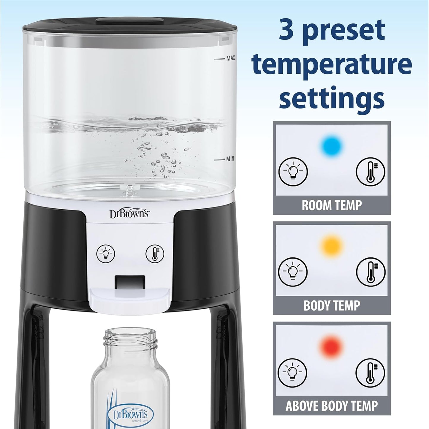 Dr. Brown's Insta-Prep Warm Water Dispenser to Instantly Prepare Baby\u2019s Formula Bottle,Large Capacity Glass Tank with 3 Temperature Settings,Black