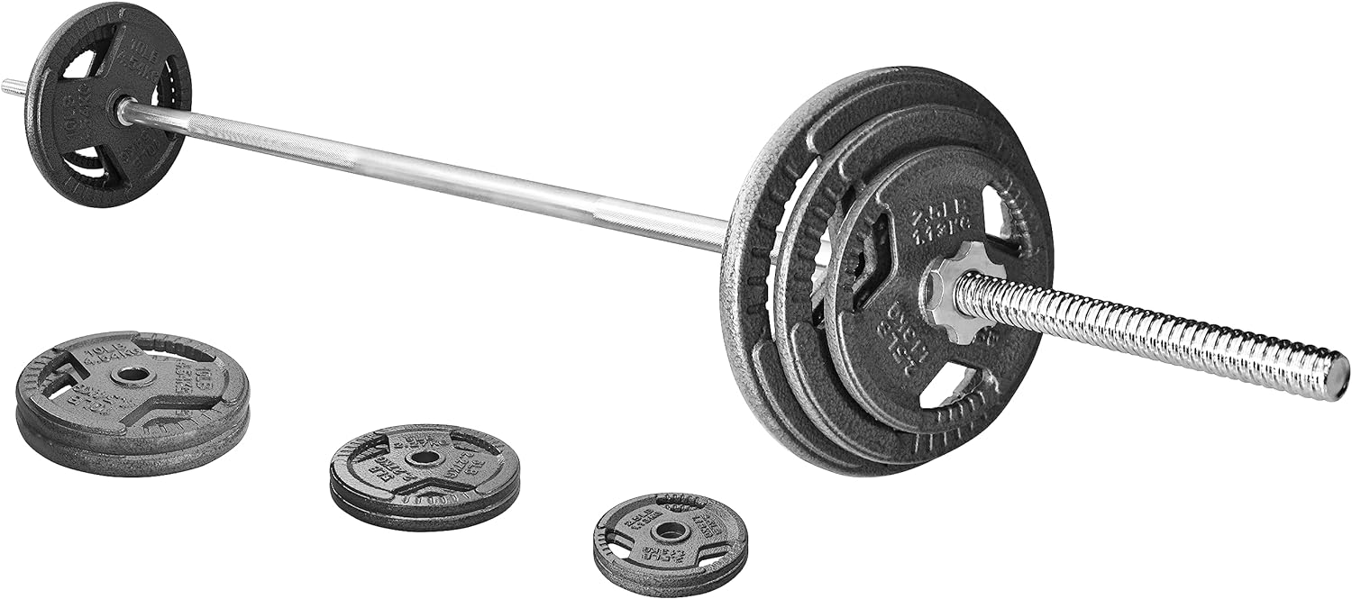 Signature Fitness Cast Iron Standard Weight Plates Including 5FT Standard Barbell with Star Locks, 45-Pound Set (35 Pounds Plates + 10 Pounds Barbell), Multiple Packages