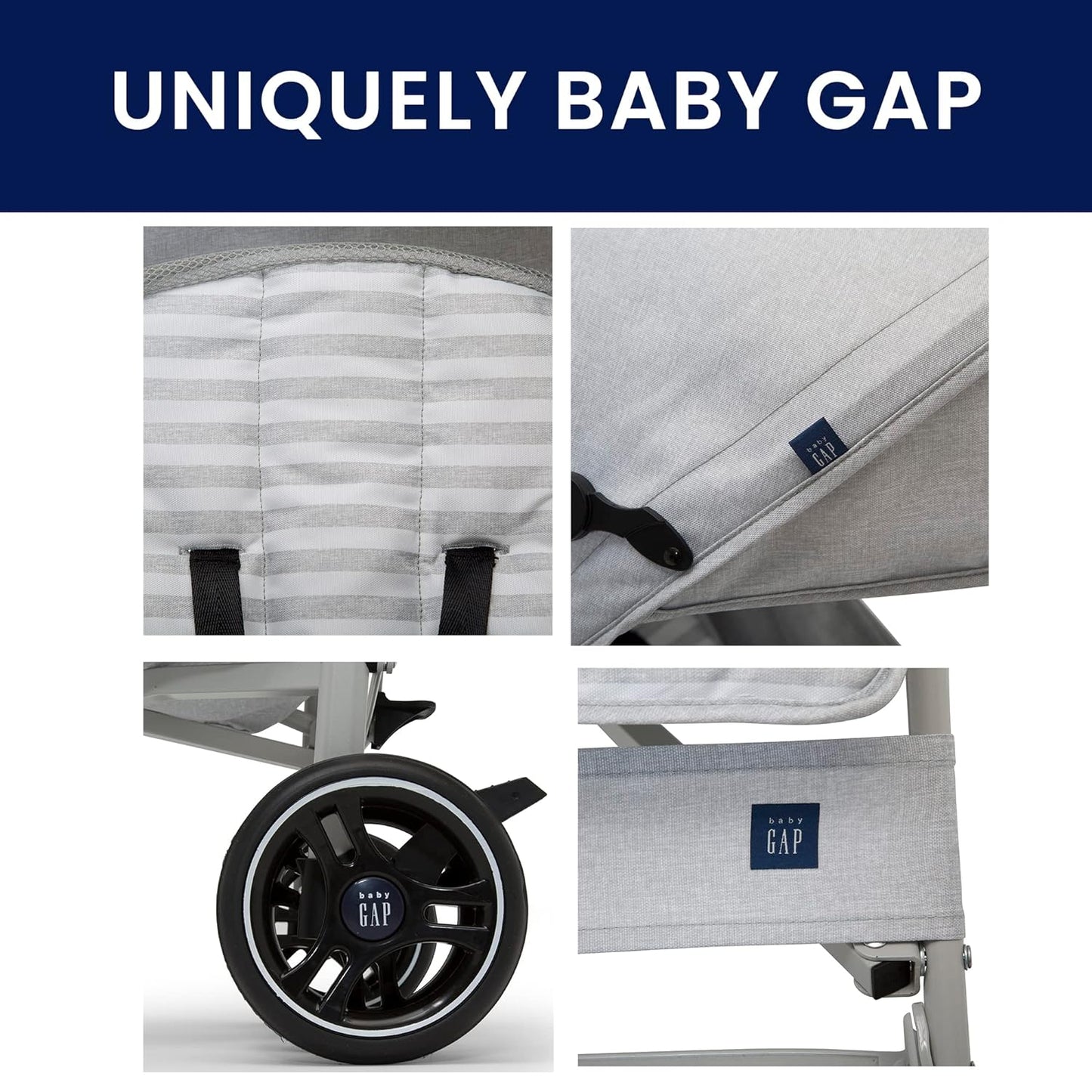 babyGap Classic Stroller - Lightweight Stroller with Recline, Extendable Sun Visors & Compact Fold - Made with Sustainable Materials, Grey Stripes