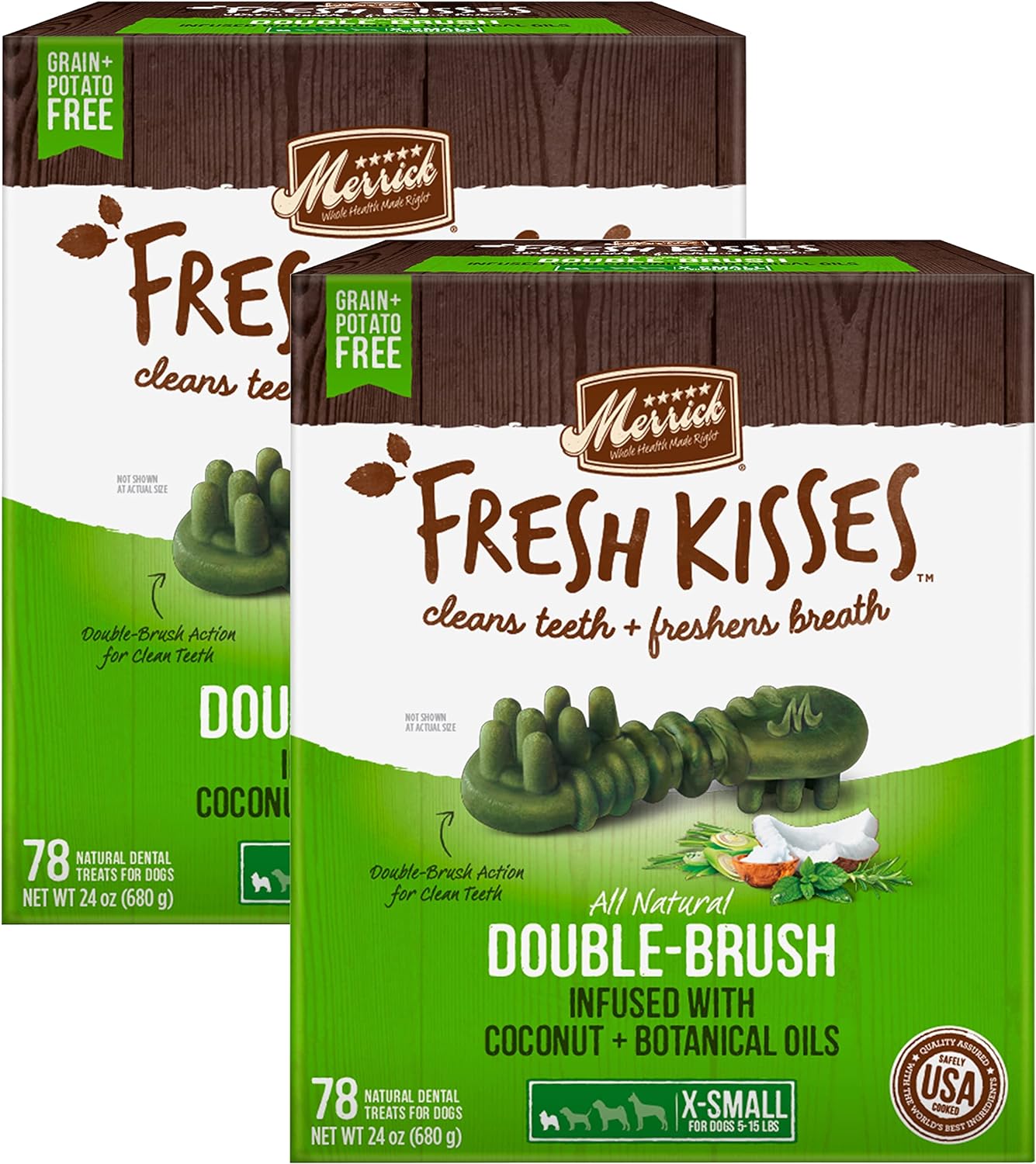 Merrick Fresh Kisses Double-Brush Dental Dog Treats, Infused with Coconut & Botanical Oils, Cleans & Freshens Breath for X-Small Dogs, 78 Dental Dog Treats\/Pack (Pack of 2)