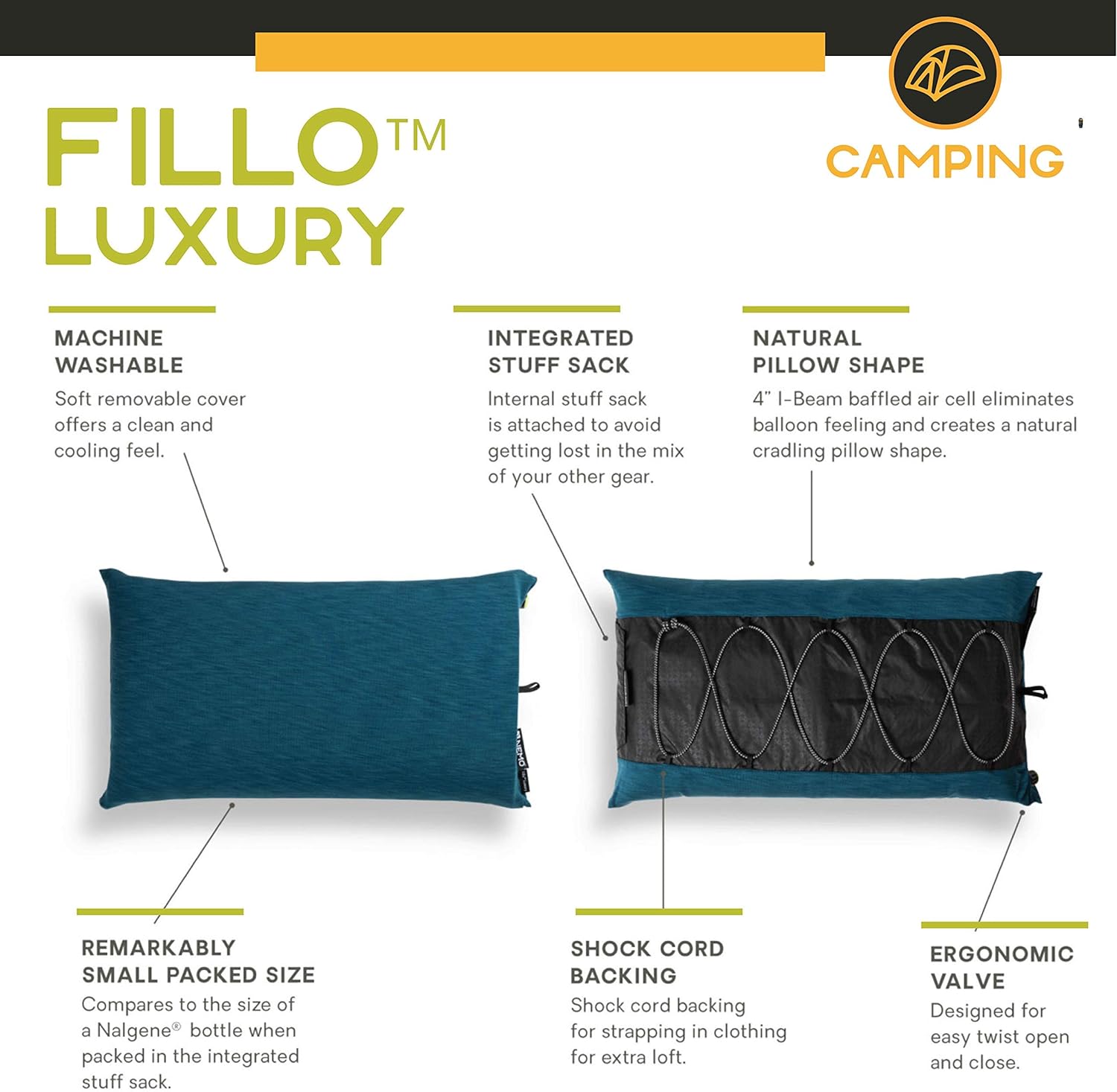 NEMO Fillo Luxury Pillow | Inflatable Pillow for Travel, Backpacking, and Camping, Abyss