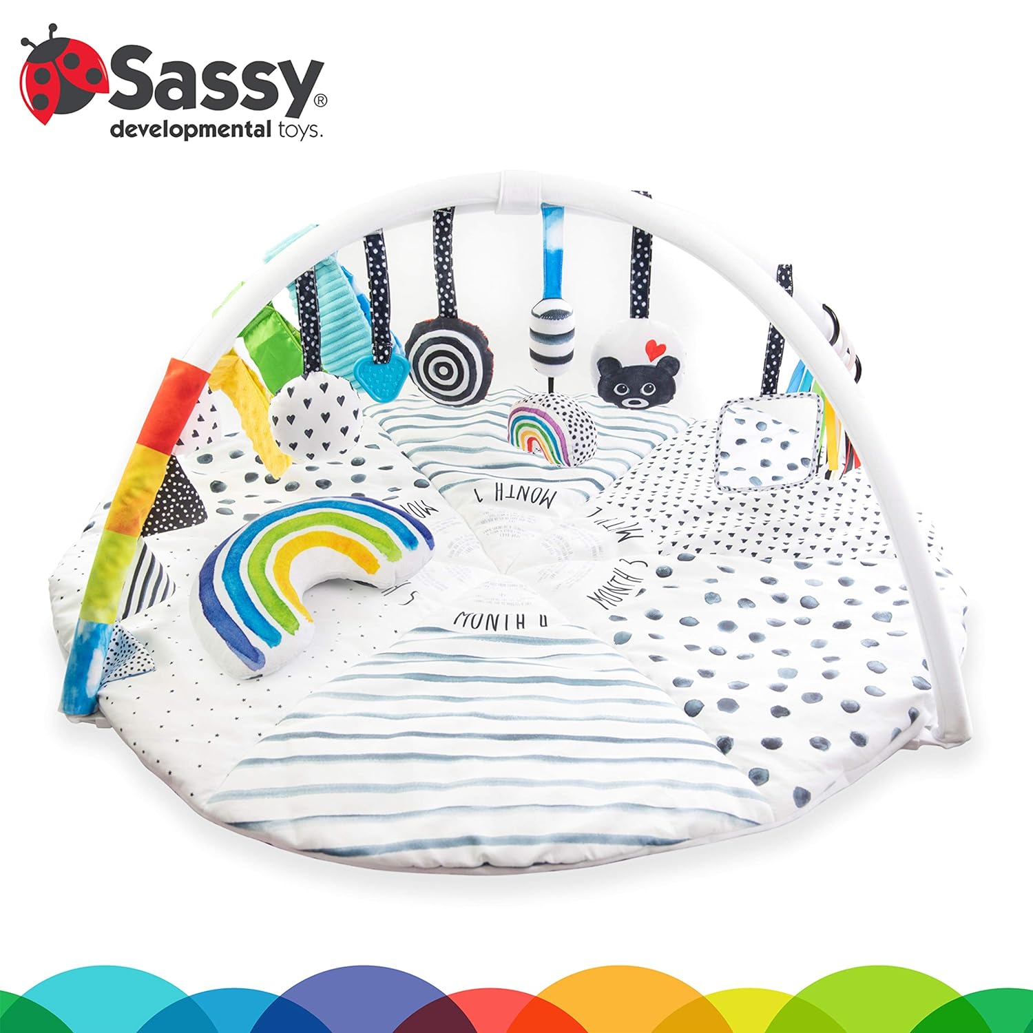 Sassy Stages STEM Developmental Play Gym, Sensory Tummy Time Activity Play Mat w\/Built-in Instructions, Ultra Plush & Machine Washable Playmat for Babies & Toddlers
