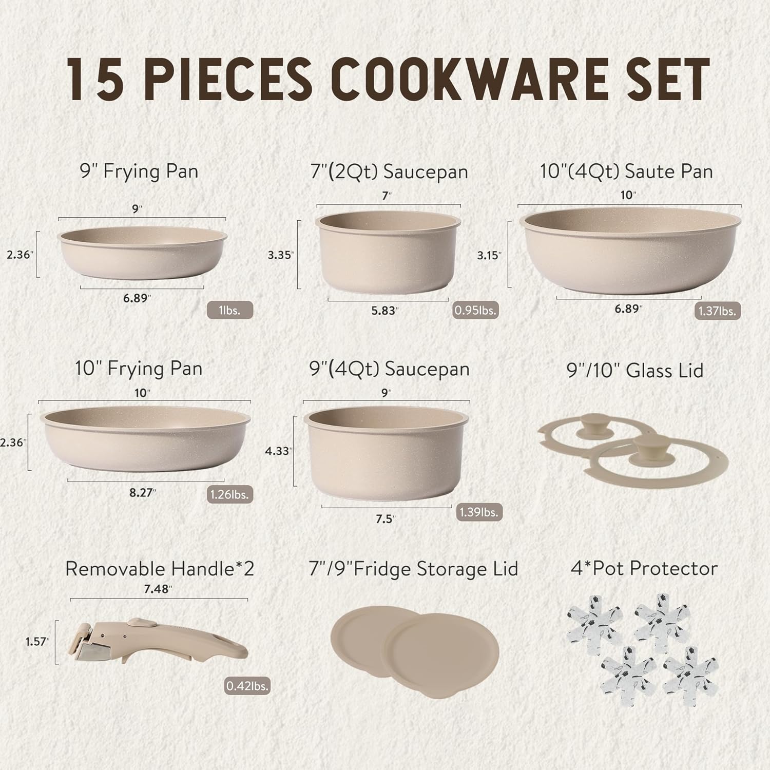 CAROTE 15pcs Pots and Pans Set, Nonstick Cookware Set Detachable Handle, Induction Kitchen Cookware Sets Non Stick with Removable Handle, RV Cookware Set, Oven Safe, Taupe