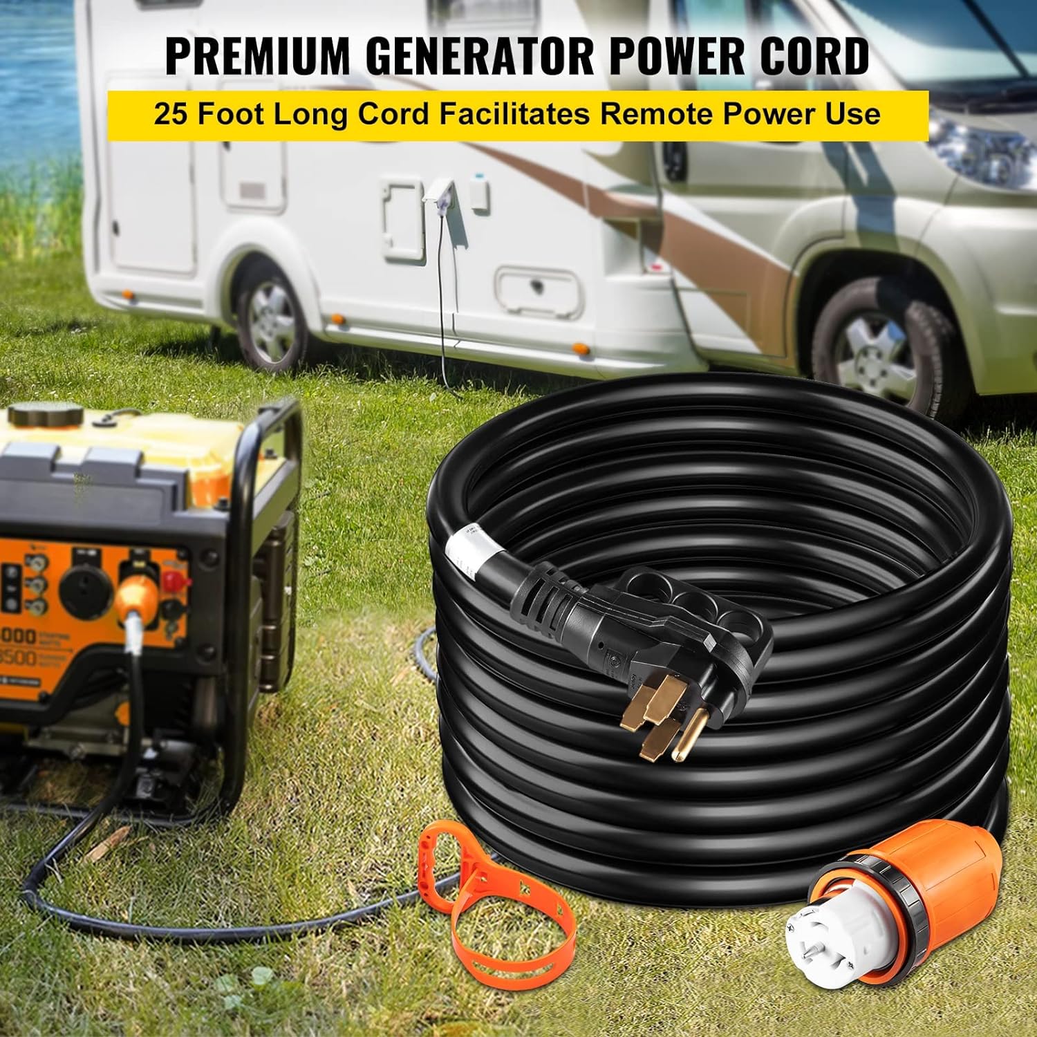 VEVOR Heavy Duty Generator Cord, 25 Feet Generator Power Cord, 50AMP ETL Listed Cord, 12000 Watts Black Cable, SS2-50R Generator Plug, SS2-50P Extension Cord, 125\/250V Generator Wire w\/Portable Strap