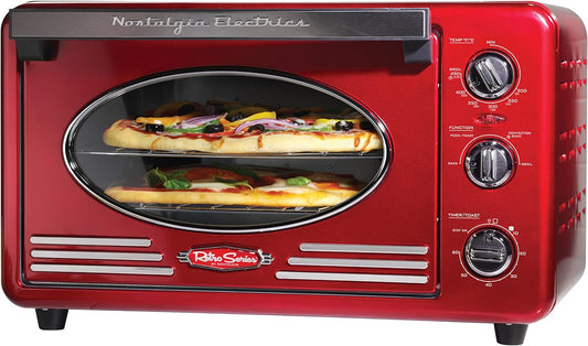 Nostalgia Large-Capacity 0.7-Cu. Ft. Capacity Multi-Functioning Retro Convection Toaster Oven, Fits 12 Slices of Bread and Two 12-Inch Pizzas, Built In Timer, Includes Baking Pan, Metallic Red