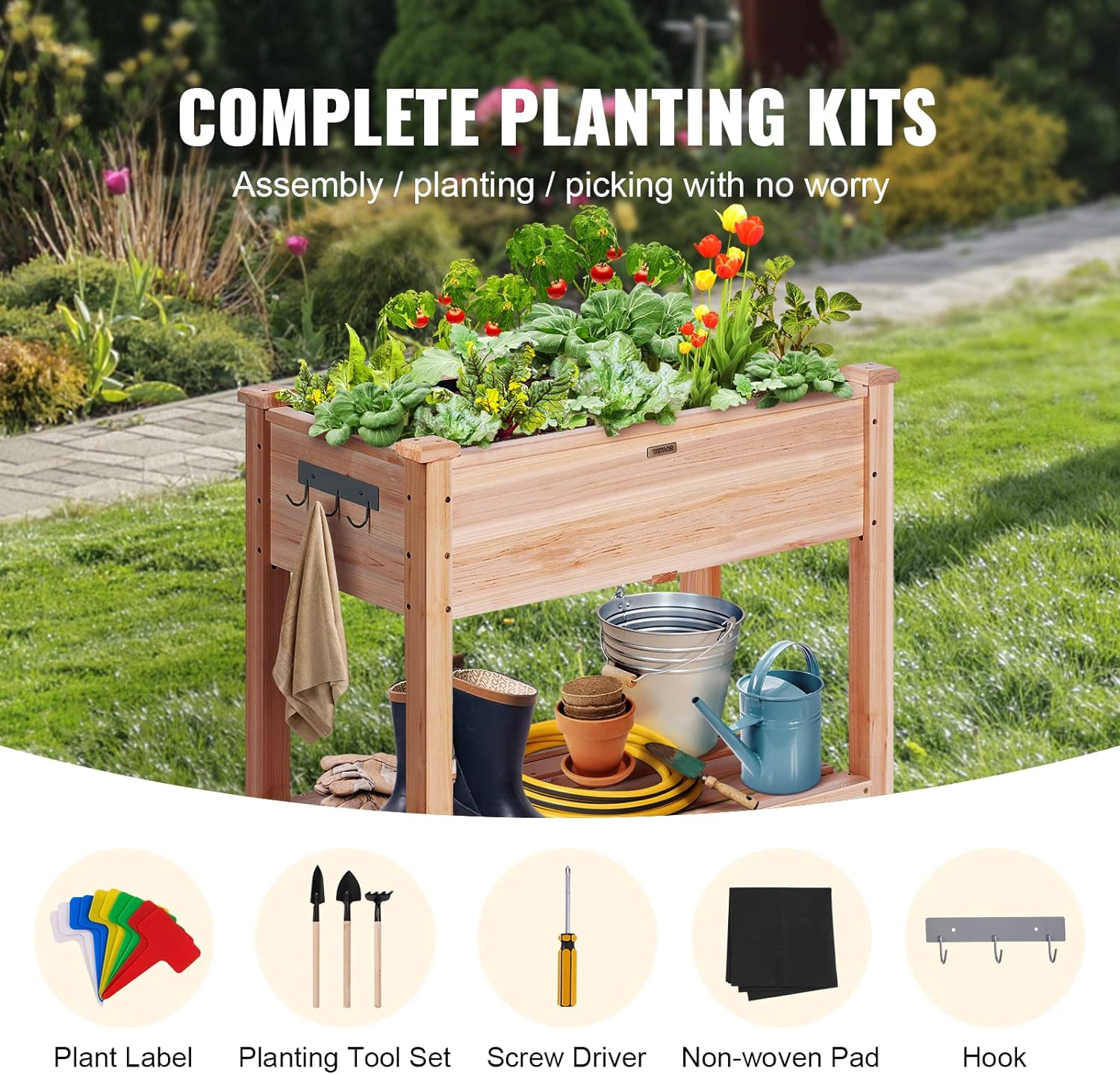VEVOR Raised Garden Bed 34x18x30in with Sturdy Legs, High End Natural Fir Wood Planter Box Elevated Planting Stand for Backyard\/Garden\/Patio\/Balcony w\/Non -Woven Liner & 1 Set of Tool, 165lb Capacity