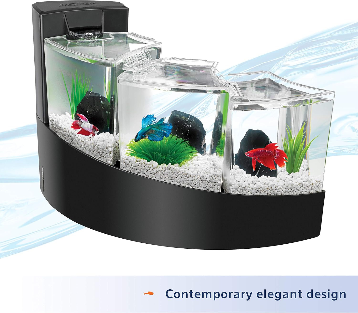 Aqueon Betta Falls 3 Section Aquarium Fish Tank With QuietFlow Power Filtration, Black